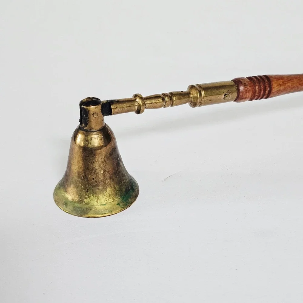 Vintage Brass Wood‎ Candle Snuffer Gold Long Handle Hinged Head Patina